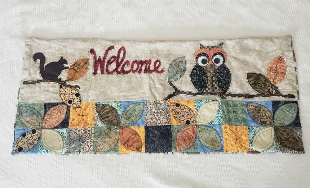 Handmade Quilted Owl Squirrel Lumbar Pillow Cover 15.5x37 Fall Autumn Applique